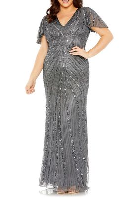 FABULOUSS BY MAC DUGGAL Embellished Flutter Sleeve Gown in Pewter