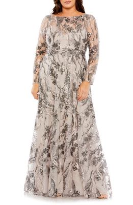 FABULOUSS BY MAC DUGGAL Floral Sequin Embroidered Long Sleeve A-Line Dress in Taupe