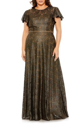 FABULOUSS BY MAC DUGGAL Flutter Sleeve Lace Overlay Gown in Black Gold