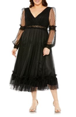FABULOUSS BY MAC DUGGAL Polka Dot Long Sleeve V-Neck Midi Cocktail Dress in Black