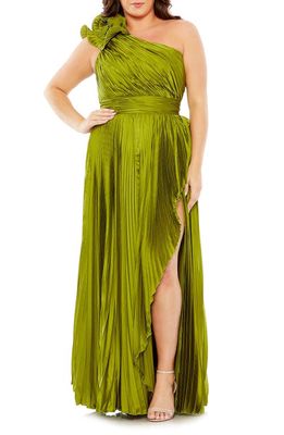 FABULOUSS BY MAC DUGGAL Rosette One-Shoulder Pleated Gown in Apple Green
