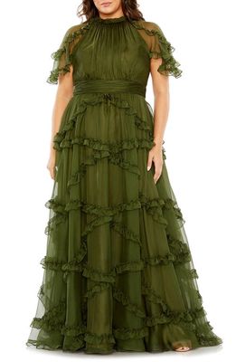 FABULOUSS BY MAC DUGGAL Ruffle Flutter Sleeve Tiered A-Line Gown in Olive