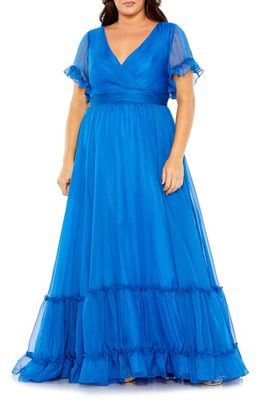 FABULOUSS BY MAC DUGGAL Ruflfe Flutter Sleeve Chiffon Faux Wrap Gown in Ocean Blue