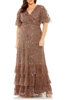 FABULOUSS BY MAC DUGGAL Sequin Floral Flutter Sleeve Gown in Chocolate 