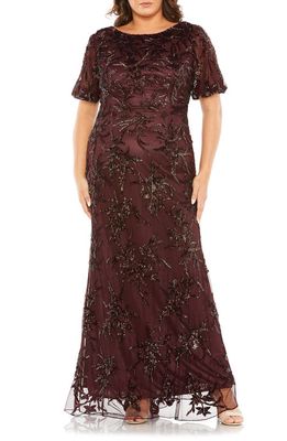 FABULOUSS BY MAC DUGGAL Sequin Floral Mesh Sheath Gown in Mahogany