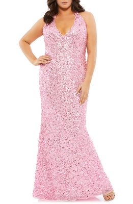 FABULOUSS BY MAC DUGGAL Sequin Halter Neck Sheath Gown in Ice Pink