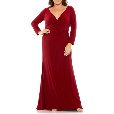 FABULOUSS BY MAC DUGGAL Wrap Front Long Sleeve Jersey Gown in Burgundy