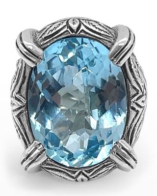 Faceted Blue Topaz Ring in Engraved Sterling Silver