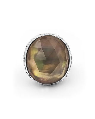 Faceted Smoky Quartz and White Mother-of-Pearl Dome Ring in Engraved Sterling Silver