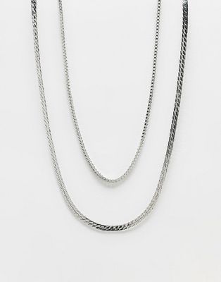 Faded Future pack of 2 flat snake chain and box chain necklace in silver