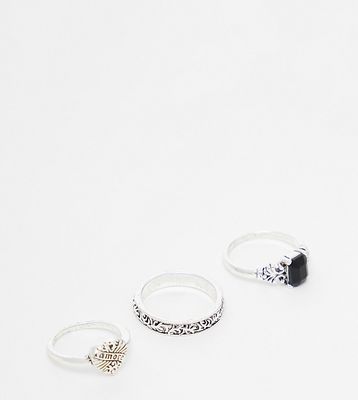 Faded Future pack of 3 vintage style amore rings in silver