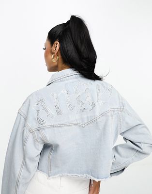 Fae cropped denim jacket with diamante angel motif-Blue
