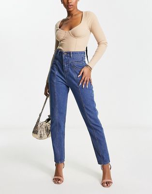 Fae high waist western style top stitch jeans in indigo blue