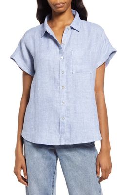 Faherty Avery Short Sleeve Linen Button-Up Shirt in Blue Basketweave