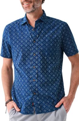 Faherty Batik Print Short Sleeve Organic Cotton Button-Up Shirt in Moonlight Batik