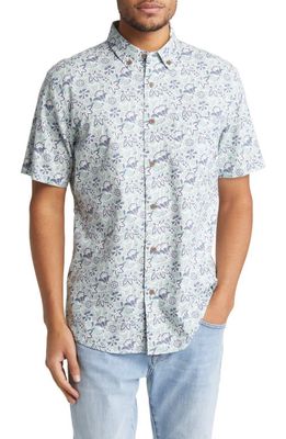 Faherty Breeze Floral Batik Print Short Sleeve Hemp Blend Button-Down Shirt in Riptide Floral Batik