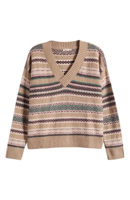 Faherty Highland Fair Isle V-Neck Sweater in Neutral Evergreen