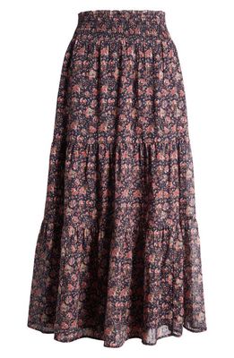 Faherty Sage Wood Floral Tiered Silk Blend Maxi Skirt in Stargaze Bloom