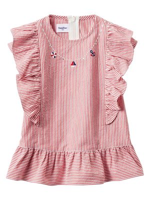 Familiar motif-embroidered striped cotton blouse