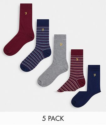 Farah Epsworth 5 pack stripe and plain socks in gray blue and red