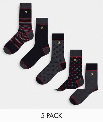 Farah Fonda 5-pack printed socks in gray and black