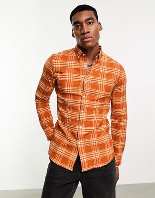 Farah Wailer textured check long sleeve shirt in burnt dark orange