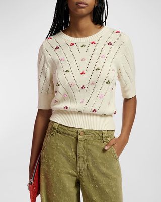 Fare Embroidered Pointelle-Knit Organic Cotton Short-Sleeve Sweater