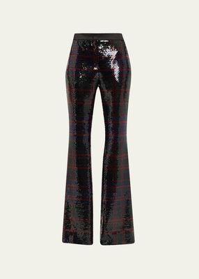 Farida Check Sequin-Embellished Bootcut-Leg Pants