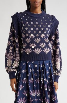 FARM Rio Ainika Martina Imitation Pearl Beaded Knit Sweater in Dark Blue