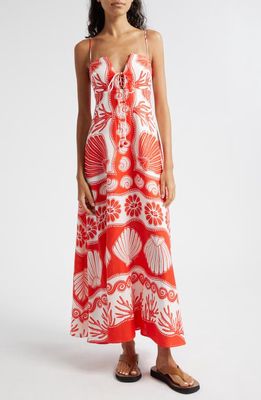 FARM Rio Ainika Shell Print Linen Blend Maxi Dress in Red