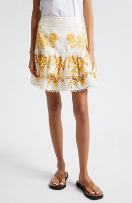 FARM Rio Aura Floral Embroidered Layered Ruffle Skirt in Aura Floral Off-White