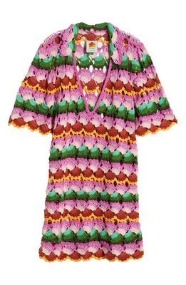 FARM Rio Bananas Stripe Crochet Cover-Up Dress in Pink Multicolor