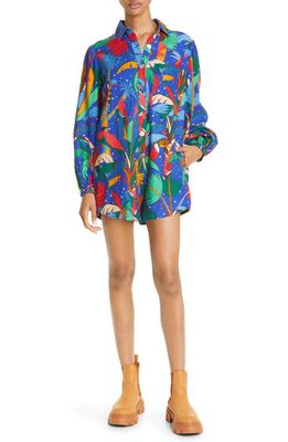 FARM Rio Colorful Forest Long Sleeve Linen Blend Romper in Colorful Forest Blue