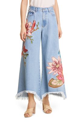 FARM Rio Embroidered Wide Leg Nonstretch Ankle Jeans in Denim Blue