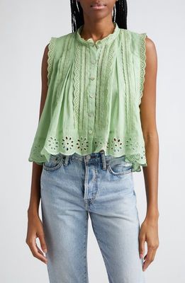 FARM Rio Eyelet Accent Sleeveless High-Low Cotton Top in Green