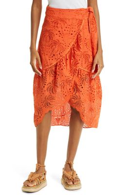 FARM Rio Eyelet Embroidered Cotton Midi Skirt in Orange Palm Tree Richilier