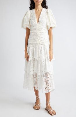 FARM Rio Eyelet Puff Sleeve Tiered Cotton Midi Dress in Off-White