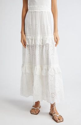 FARM Rio Eyelet Tiered Cotton Maxi Skirt in Off-White