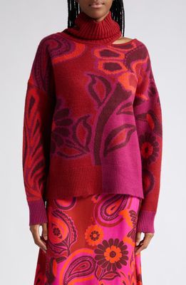 FARM Rio Floral Pattern Cutout Turtleneck Sweater in Bold Floral Pink