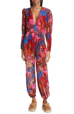 FARM Rio Floral Print Long Sleeve Plunge Neck Jumpsuit in Snake Garden Red