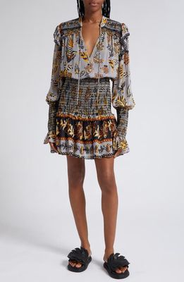 FARM Rio Floral Tapestry Long Sleeve Minidress in Silver