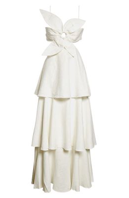 FARM Rio Flower Bodice Tiered Linen Blend Maxi Dress in Off-White