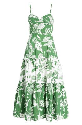 FARM Rio Forest Soul Sleeveless Tiered Ruffle Midi Dress in Forest Soul Off-White/green