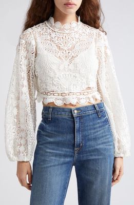 FARM Rio Guipure Long Sleeve Crop Top in Off-White