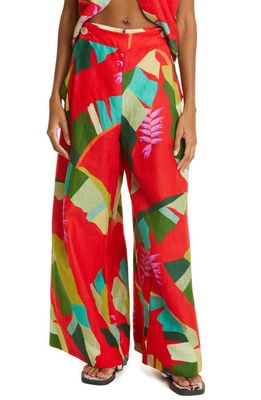 FARM Rio Heliconia Floral Print Wide Leg Linen Pants in Heliconia Red