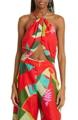 FARM Rio Heliconia Tropical Print Tulip Hem Halter Top in Heliconia Red