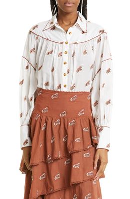 FARM Rio Horse Embroidered Cotton Button-Up Shirt in Off-White