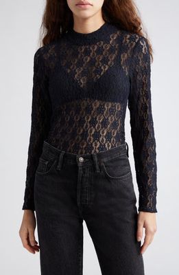 FARM Rio Lace Sheer Long Sleeve Top in Black at Nordstrom, Size Small