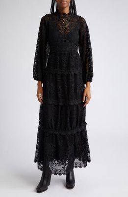 FARM Rio Long Sleeve Guipure Lace Maxi Dress in Black