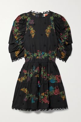 Farm Rio - Louise Crochet-trimmed Floral-print Cotton-voile Mini Dress - Black